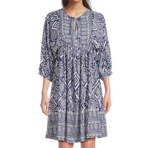 Womens BeachLunchLounge Short Sleeve Printed Tassle Dress Blue and White Sz L